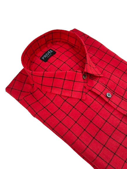 Red Check Linen Shirt (Half Sleeves)