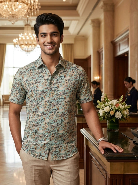 Arctic Blue Vintage Floral Print Shirt