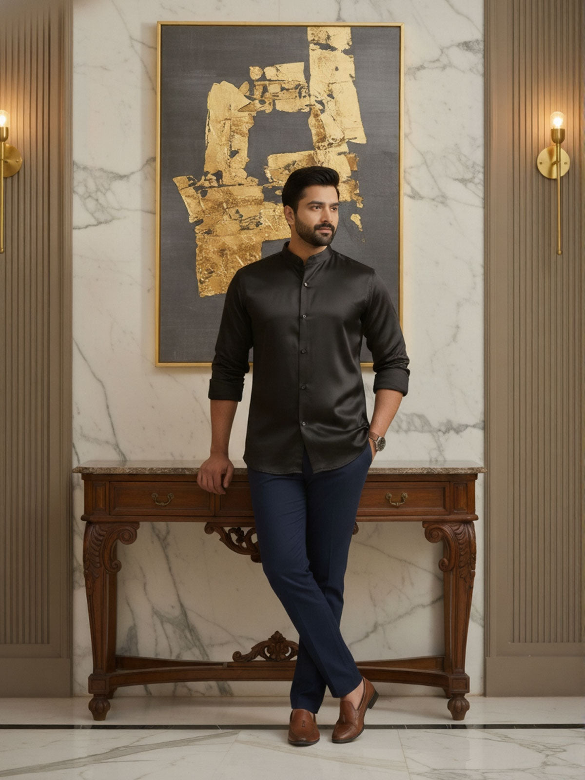 Privee Paris Black Band Collar Shirt