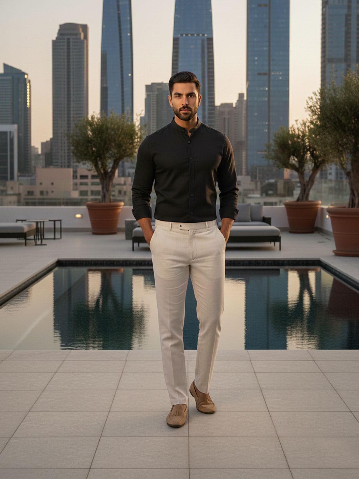 Black Linen Band Collar Shirt