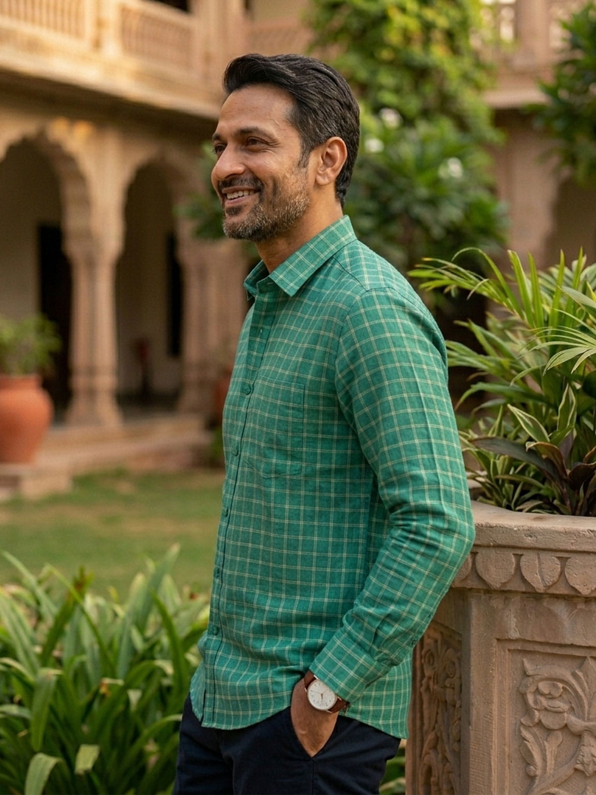Linen Shirts India Forest Green Check 