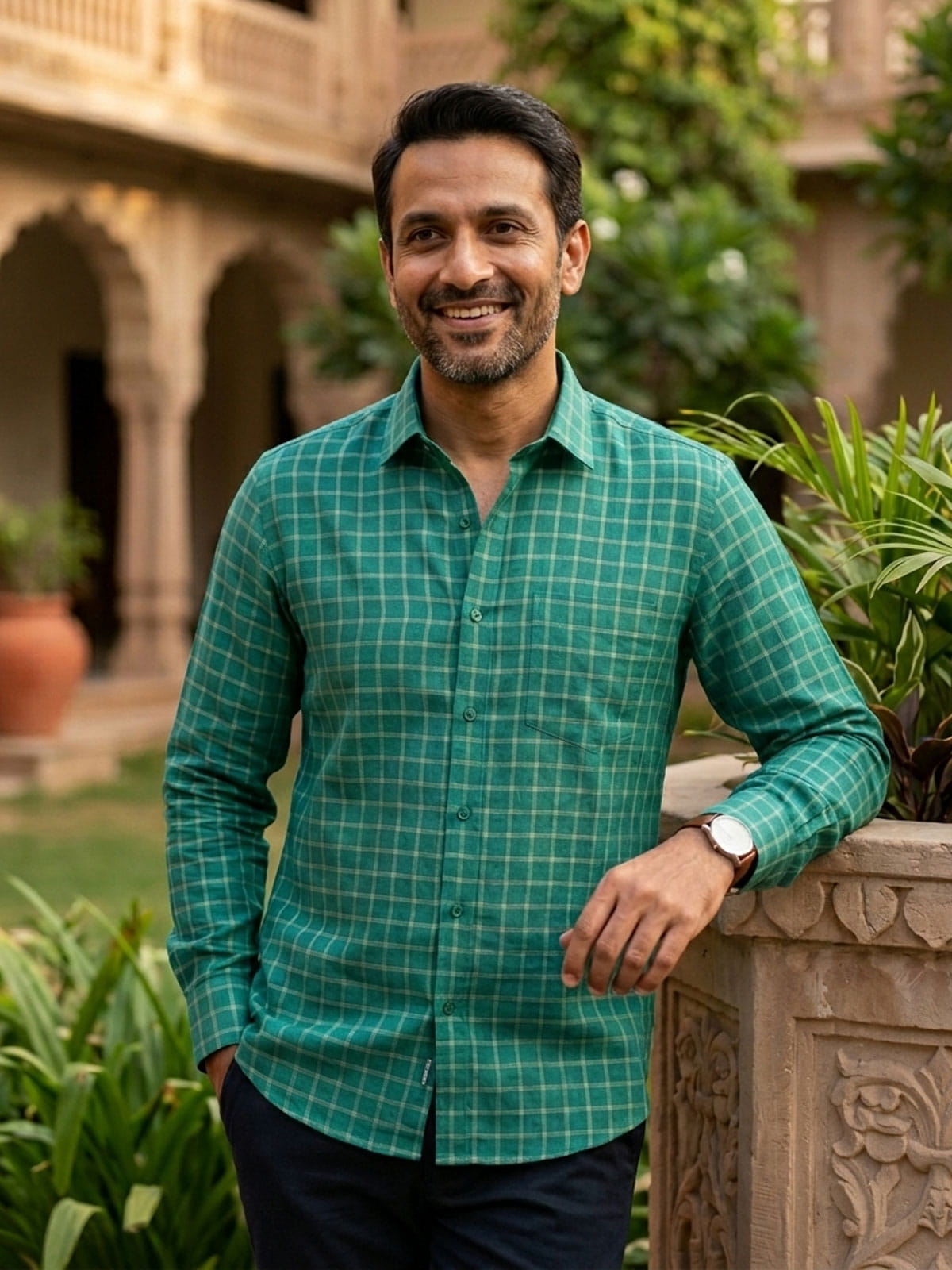 Privee Paris Forest Green Check Linen Shirt