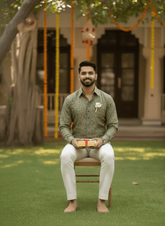 Green Designer Print Shirts (For Mehndi Ceremony)