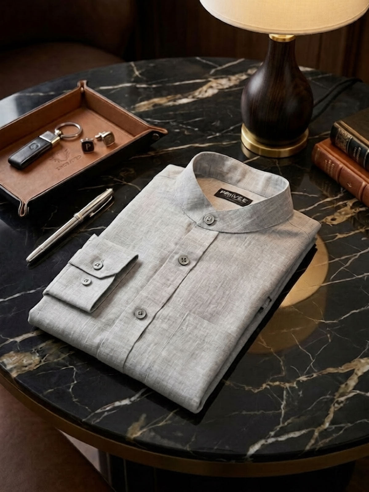 Privee Paris Grey Linen Shirt (Band Collar) Irish Linen