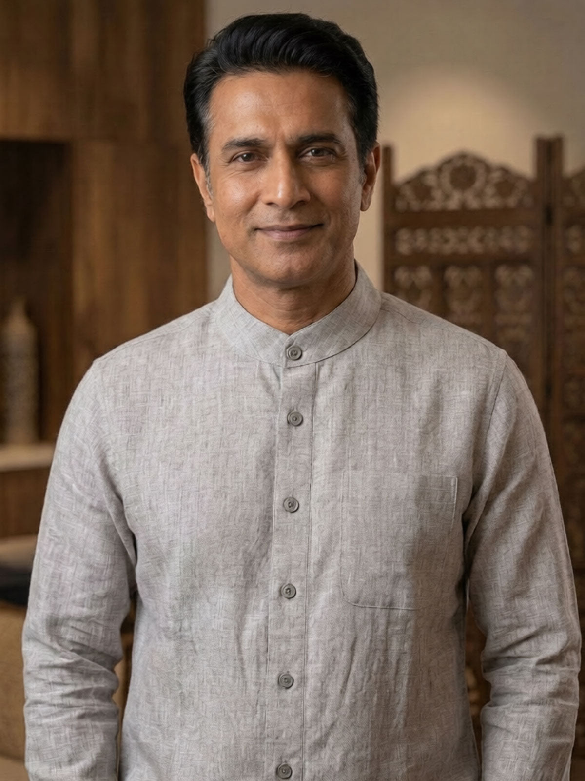 Grey Linen Shirt (Band Collar) India
