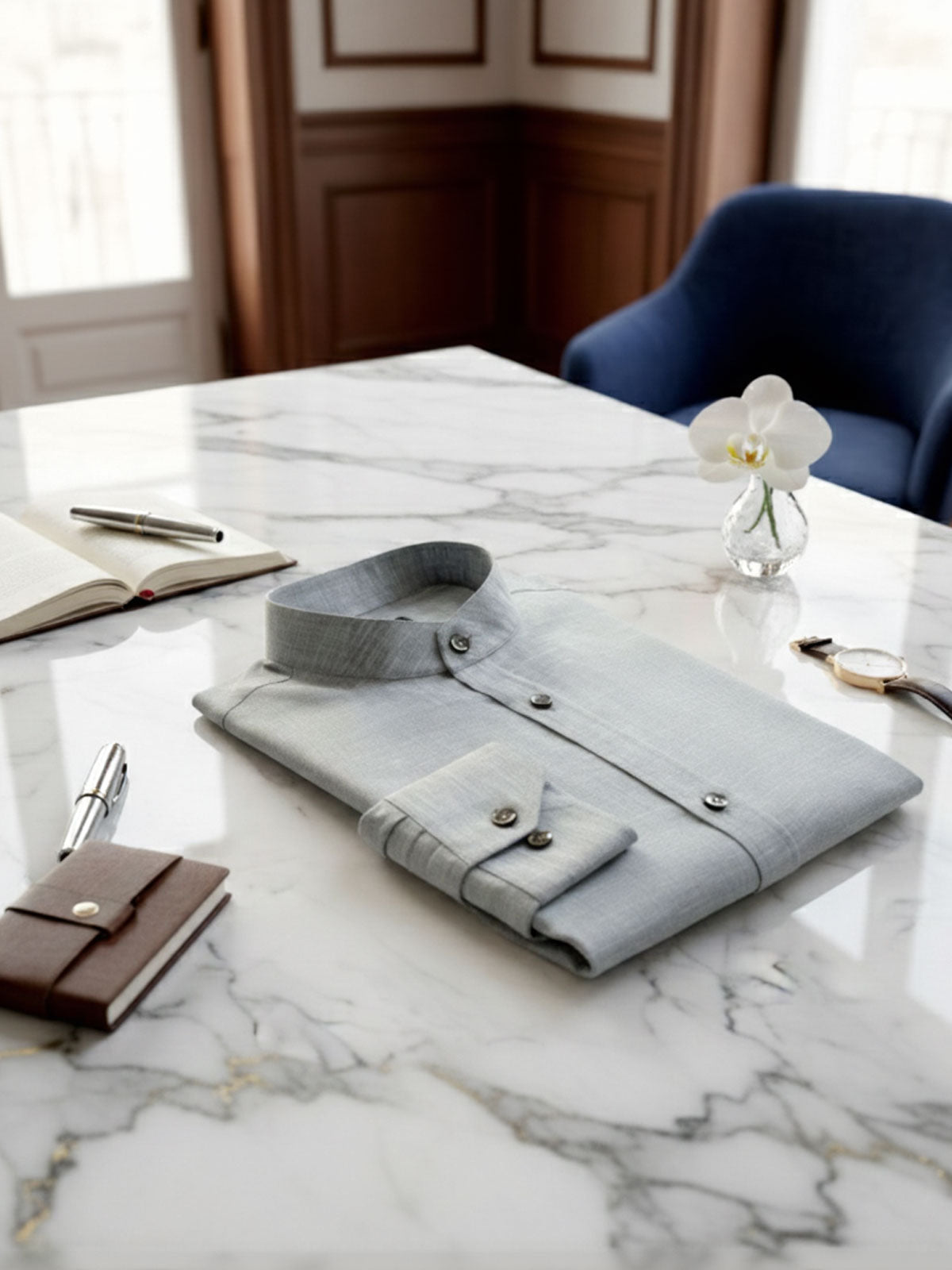 Privee Paris Grey Linen Shirt (Band Collar)