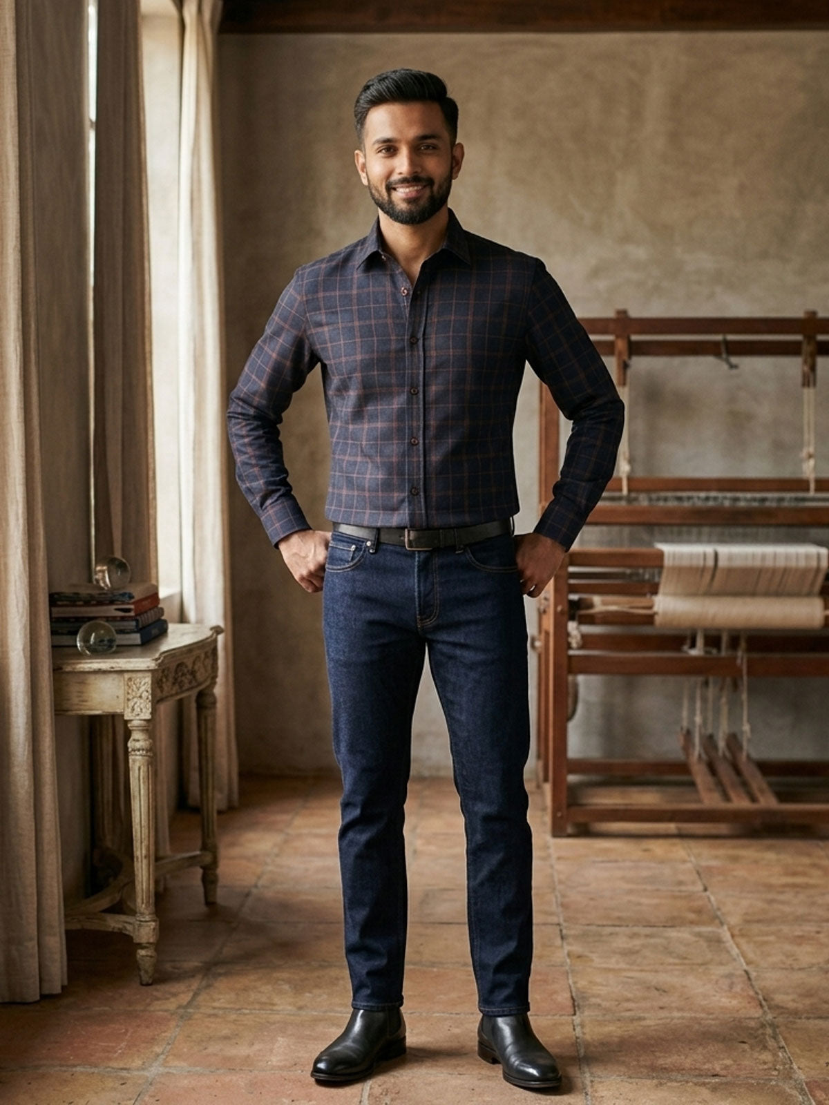 Navy Blue Check Linen Shirt