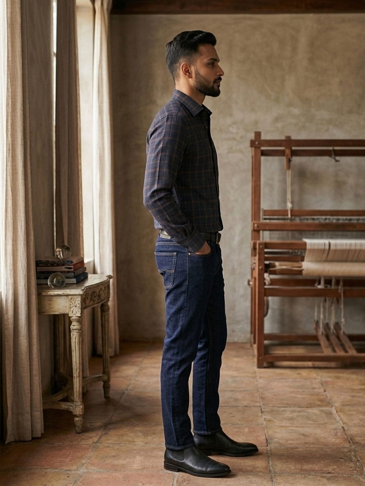 Navy Blue Check Linen Shirt India