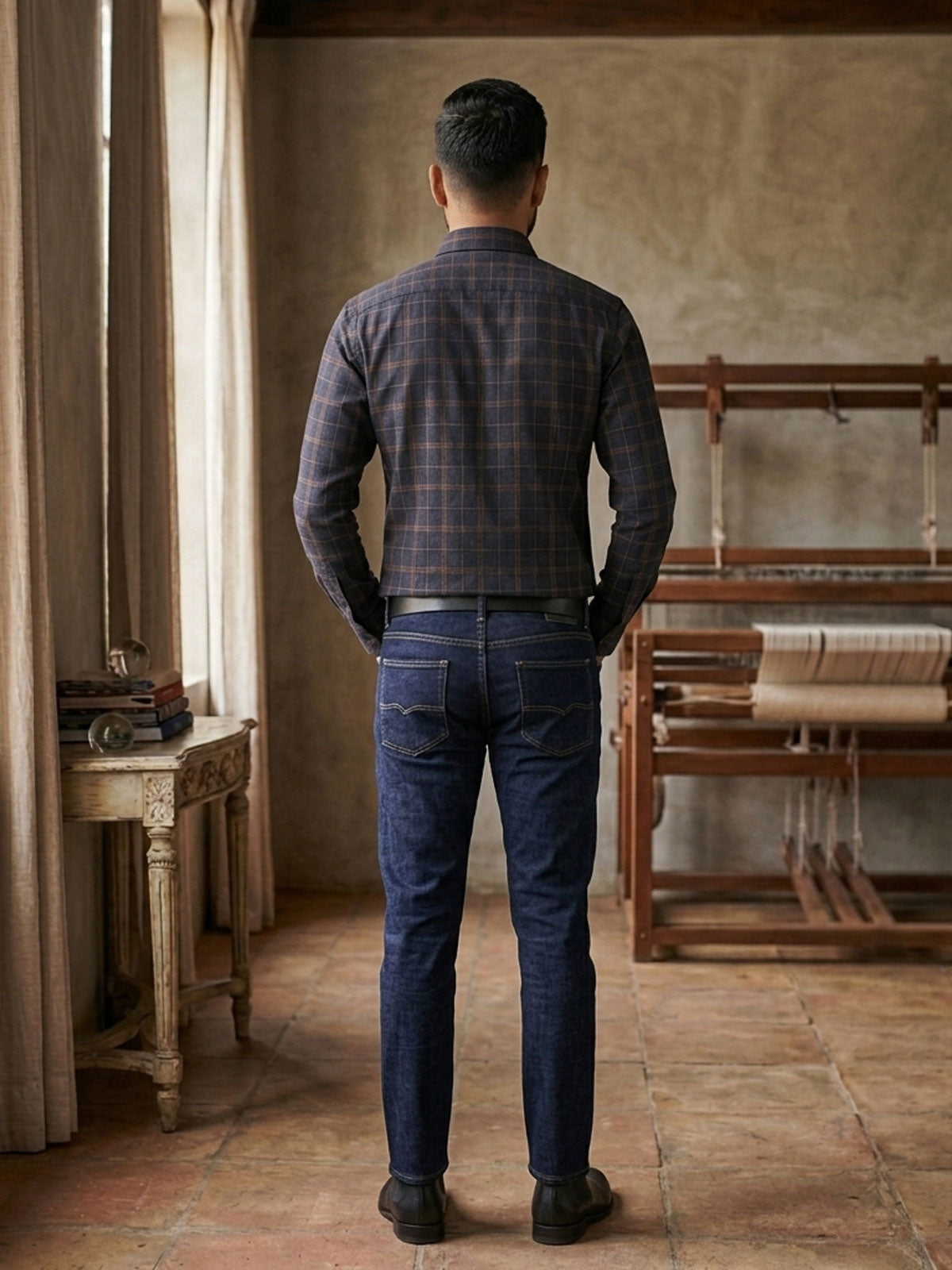 Navy Blue Check Linen Shirt Privee Paris