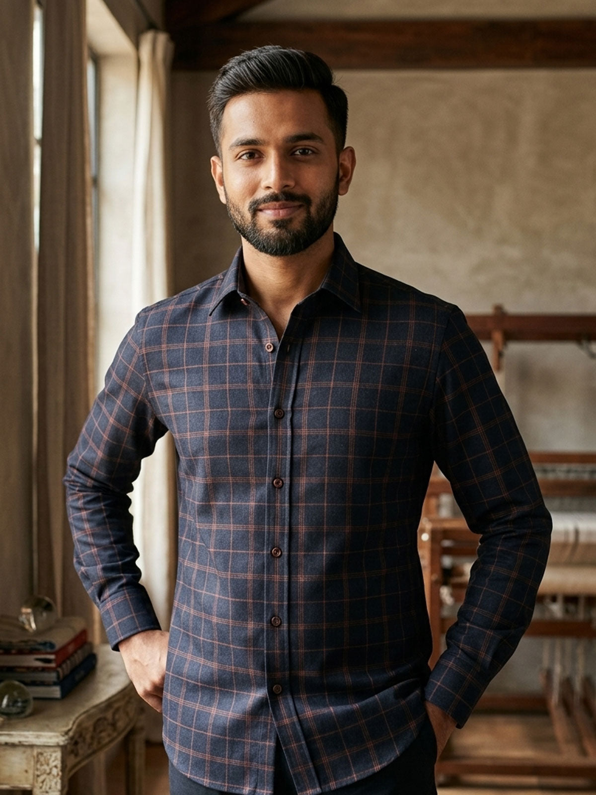 Privee Paris Navy Blue Check Linen Shirt