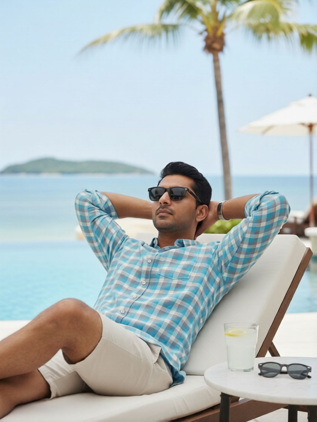 Privee Paris Pacific Blue Grey Check Linen Shirt 