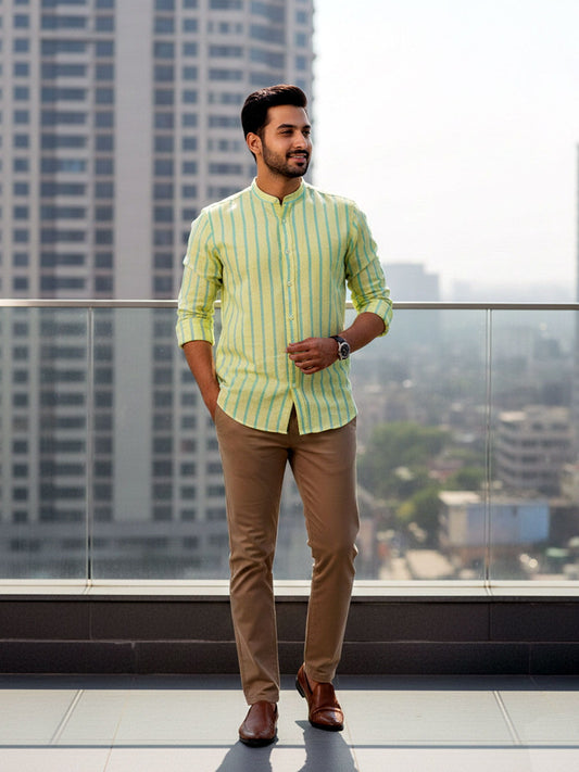 Pear Green Striped Linen Shirt