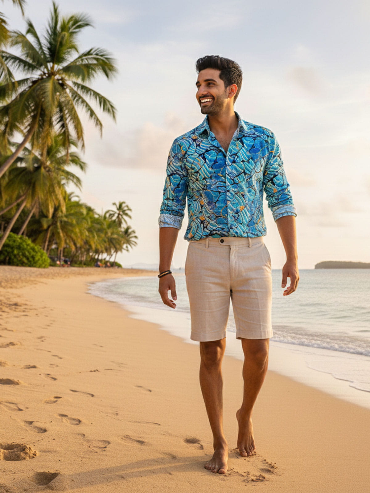 Privee Paris Splash of Aqua Printed Linen Shirt