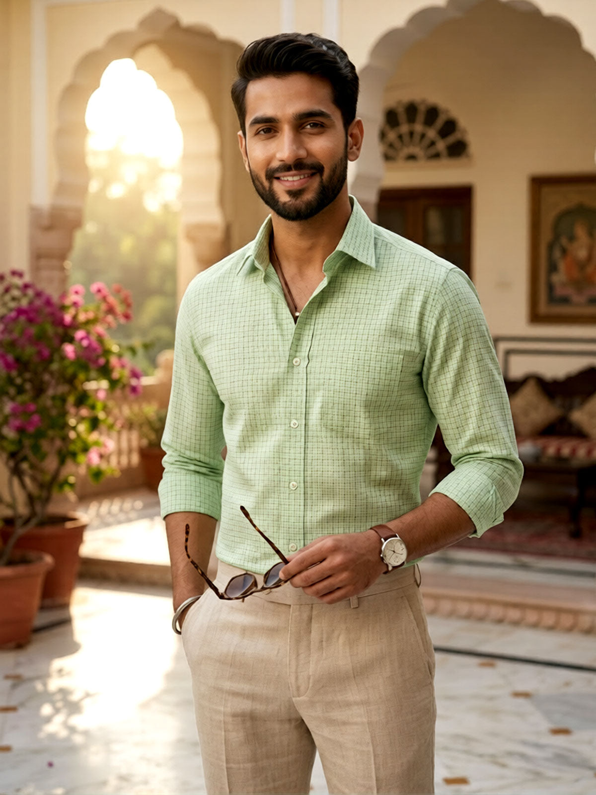 Privee Paris Tea Green Micro Check Shirt