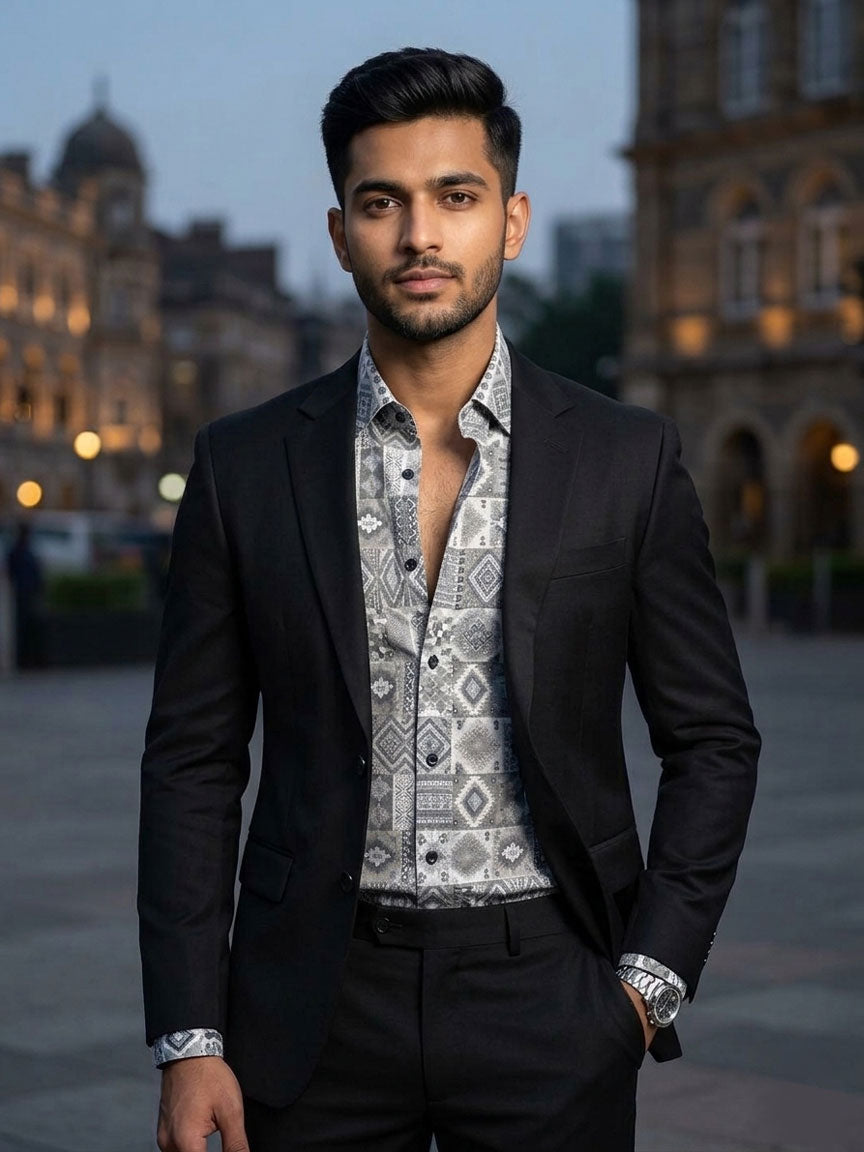 Teal Grey Designer Shirt (Jacquard)