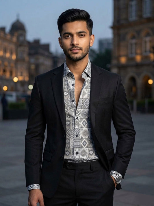 Teal Grey Designer Shirt (Jacquard)